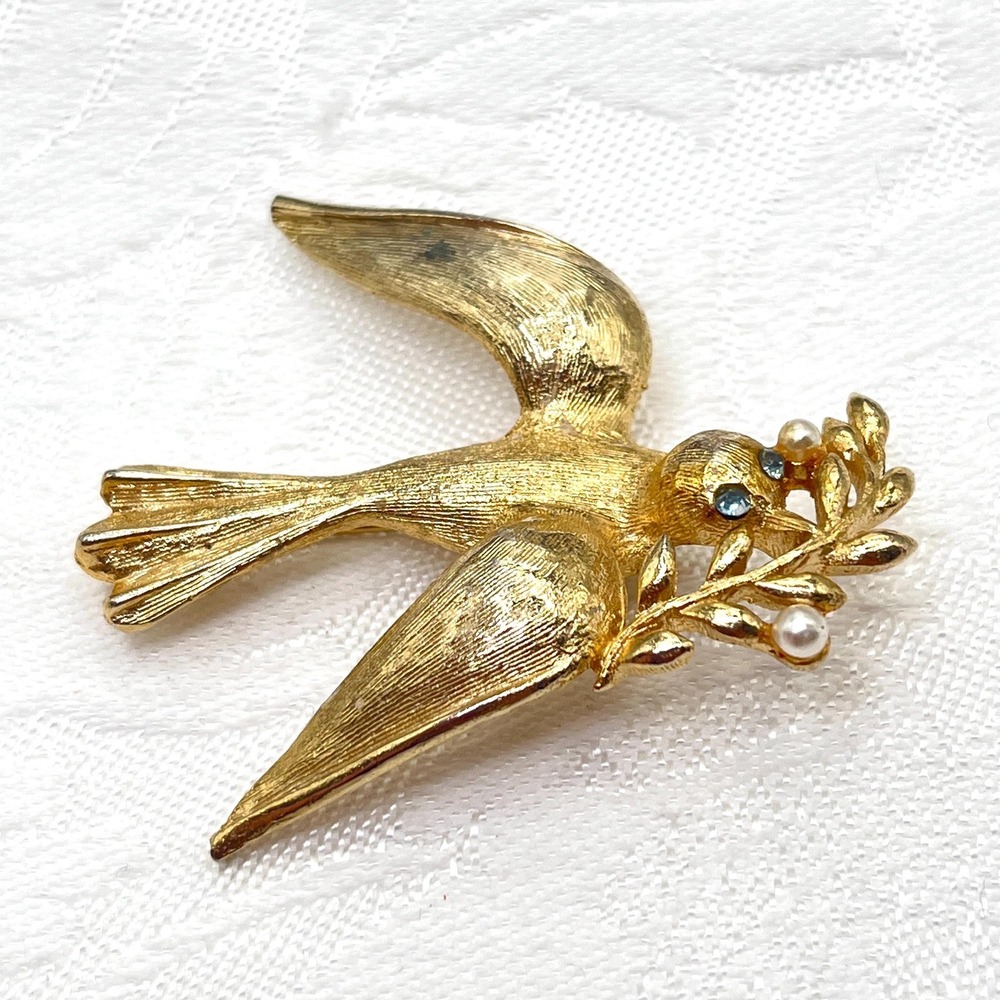 Vintage Marvella Bird w/ Olive Branch Brooch w/ Faux Pearls and Rhinestones
